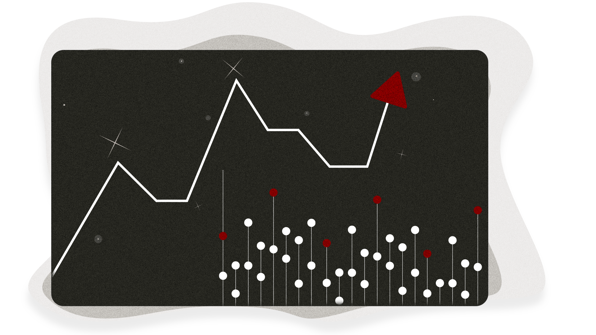Abstract image with graph elements, including an upward trending arrow and columns of data points